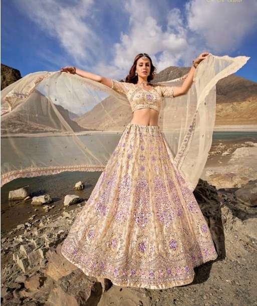 INDIAN BOLLYWOOD DESIGNER BEIGE FANCY BRIDAL WEDDING PARTY WEAR HEAVY NET LEHENGA DST MN 7406