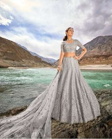 INDIAN BOLLYWOOD DESIGNER GREY FANCY BRIDAL WEDDING PARTY WEAR HEAVY NET LEHENGA DST MN 7405