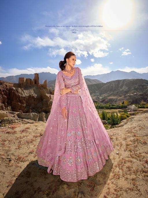 INDIAN BOLLYWOOD DESIGNER PINK FANCY BRIDAL WEDDING PARTY WEAR HEAVY NET LEHENGA DST MN 7402