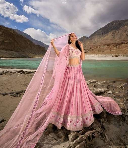 INDIAN BOLLYWOOD DESIGNER PINK FANCY BRIDAL WEDDING PARTY WEAR HEAVY NET LEHENGA DST MN 7404