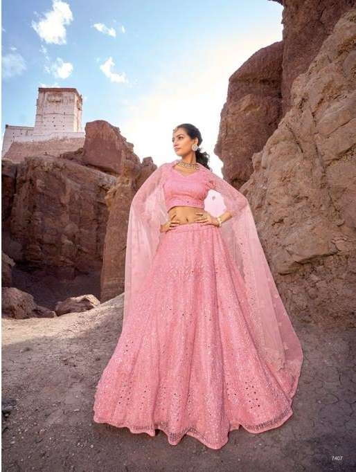 INDIAN BOLLYWOOD DESIGNER PINK FANCY BRIDAL WEDDING PARTY WEAR HEAVY NET LEHENGA DST MN 7407