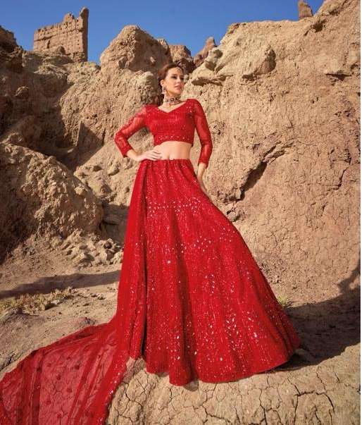 INDIAN BOLLYWOOD DESIGNER RED FANCY BRIDAL WEDDING PARTY WEAR HEAVY NET LEHENGA DST MN 7401