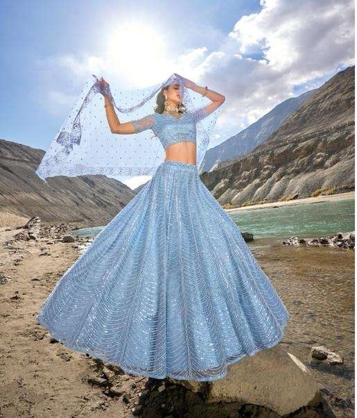 INDIAN BOLLYWOOD DESIGNER SKY BLUE FANCY BRIDAL WEDDING PARTY WEAR HEAVY NET LEHENGA DST MN 7403