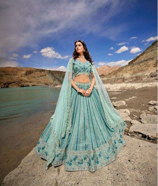 INDIAN BOLLYWOOD DESIGNER SKY BLUE FANCY BRIDAL WEDDING PARTY WEAR HEAVY NET LEHENGA DST MN 7408