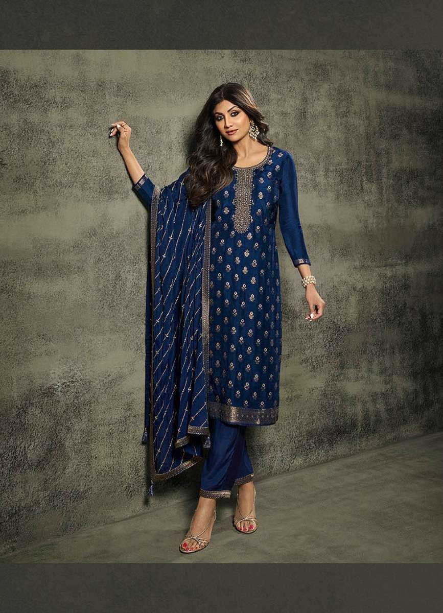 INDIAN DESIGNER FANCY WEDDING PARTY BLUE JACQUARD SILK STRAIGHT SALWAR SUIT CPR 872