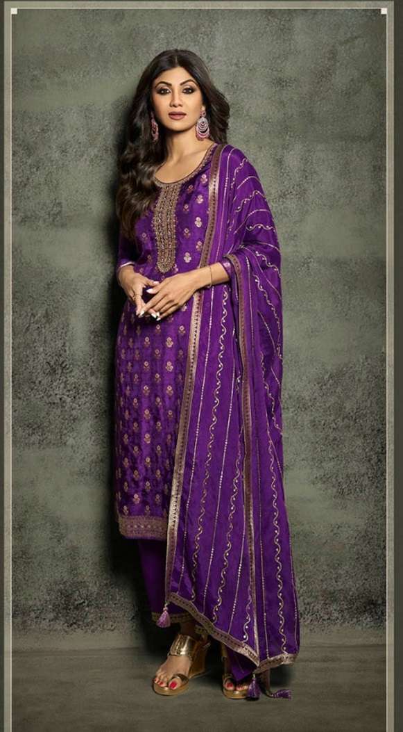 INDIAN DESIGNER FANCY WEDDING PARTY PURPLE JACQUARD SILK STRAIGHT SALWAR SUIT CPR 875