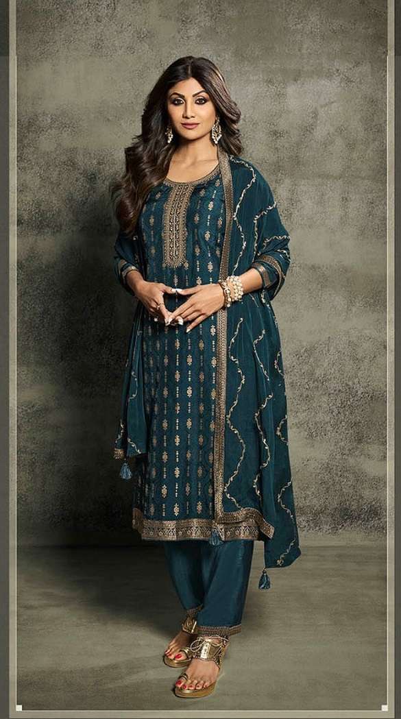 INDIAN DESIGNER FANCY WEDDING PARTY RAMA BLUE JACQUARD SILK STRAIGHT SALWAR SUIT CPR 874