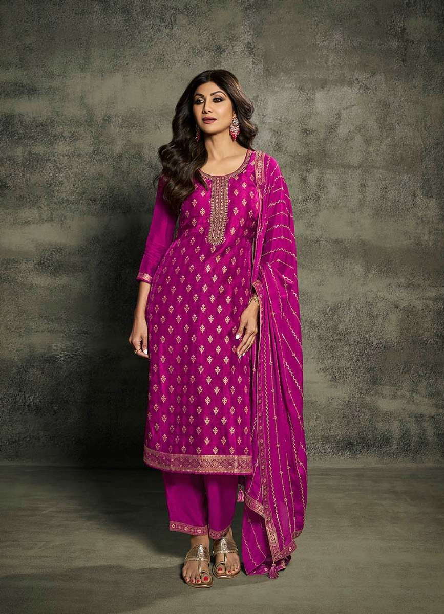 INDIAN DESIGNER FANCY WEDDING PARTY RANI PINK JACQUARD SILK STRAIGHT SALWAR SUIT CPR 873