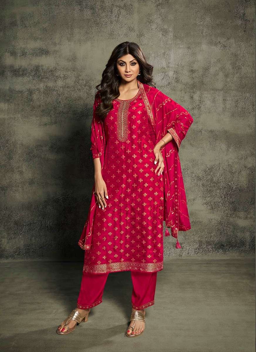 INDIAN DESIGNER FANCY WEDDING PARTY RED JACQUARD SILK STRAIGHT SALWAR SUIT CPR 871