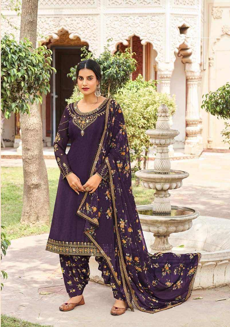 INDIAN DESIGNER FANCY WEDDING PARTY WEAR PURPLE CREPE SILK STRAIGHT SALWAR SUIT DST RADHA 11004