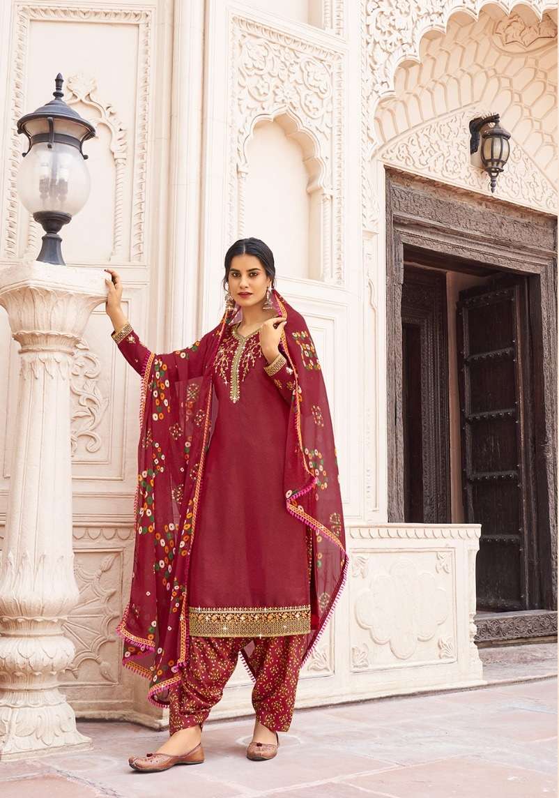 INDIAN DESIGNER FANCY WEDDING PARTY WEAR RED CREPE SILK STRAIGHT SALWAR SUIT DST RADHA 11001