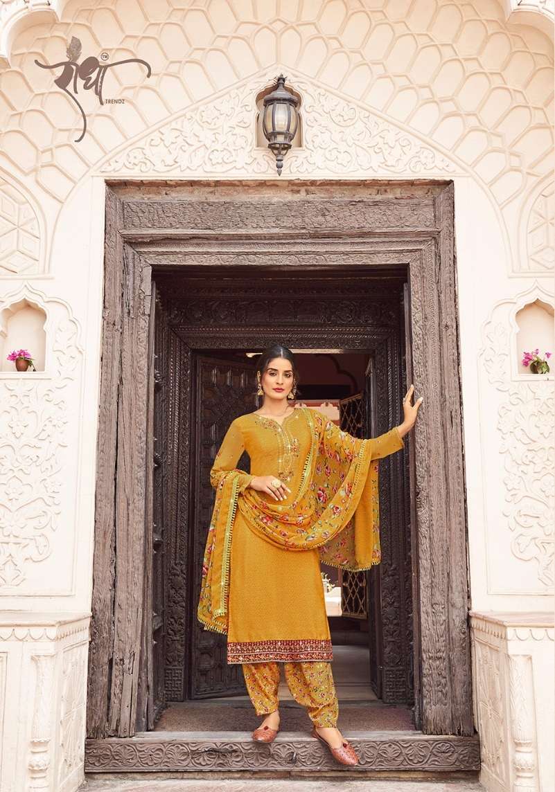 INDIAN DESIGNER FANCY WEDDING PARTY WEAR YELLOW CREPE SILK STRAIGHT SALWAR SUIT DST RADHA 11003