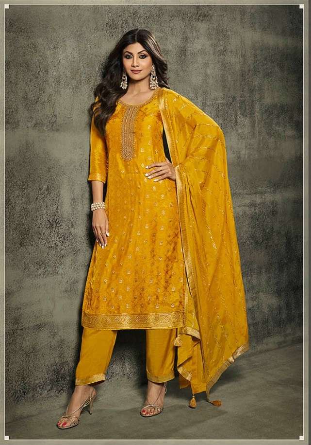 INDIAN DESIGNER FANCY WEDDING PARTY YELLOW JACQUARD SILK STRAIGHT SALWAR SUIT CPR 876