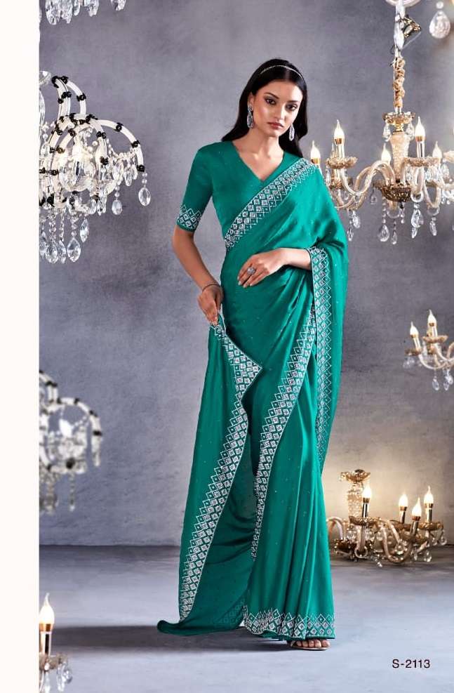 LATEST DESIGNER FANCY WEDDING PARTY WEAR HEAVY BLUE SATIN SILK SAREE WITH SWAROZKI WORK SM KIM ZARKAN 2113