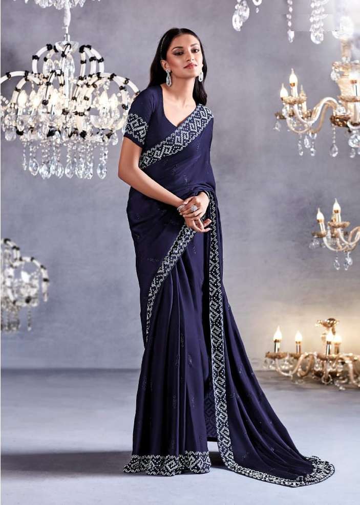 LATEST DESIGNER FANCY WEDDING PARTY WEAR HEAVY BLUE SATIN SILK SAREE WITH SWAROZKI WORK SM KIM ZARKAN 2115