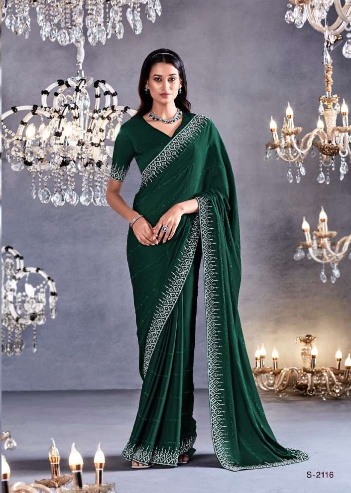 LATEST DESIGNER FANCY WEDDING PARTY WEAR HEAVY GREEN SATIN SILK SAREE WITH SWAROZKI WORK SM KIM ZARKAN 2116