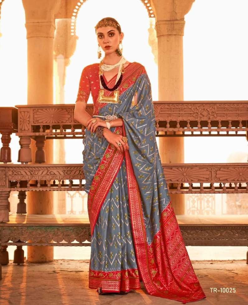 LATEST DESIGNER FANCY WEDDING PARTY WEAR HEAVY GREY BANARASI SILK SAREE SM TRIRATH 10025