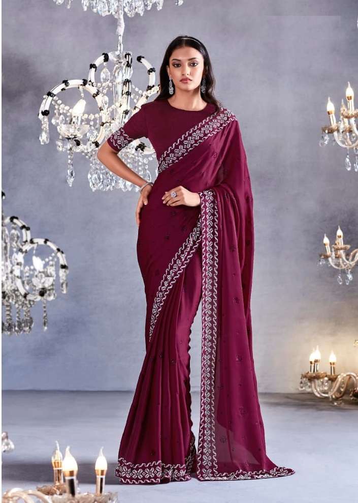 LATEST DESIGNER FANCY WEDDING PARTY WEAR HEAVY MAROON SATIN SILK SAREE WITH SWAROZKI WORK SM KIM ZARKAN 2117