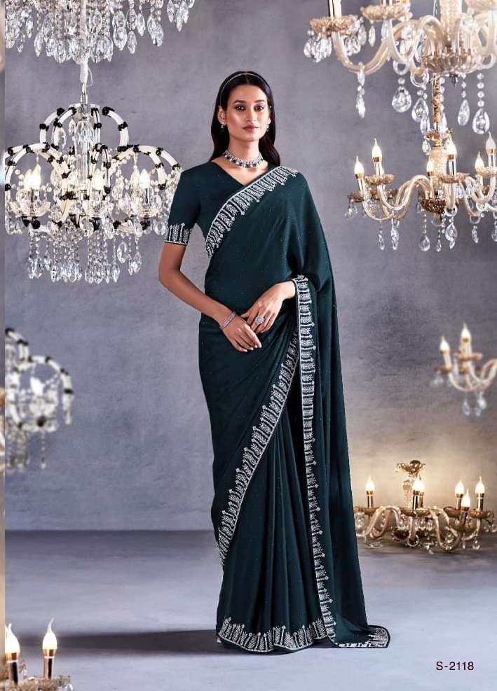 LATEST DESIGNER FANCY WEDDING PARTY WEAR HEAVY RAMA GREEN SATIN SILK SAREE WITH SWAROZKI WORK SM KIM ZARKAN 2118