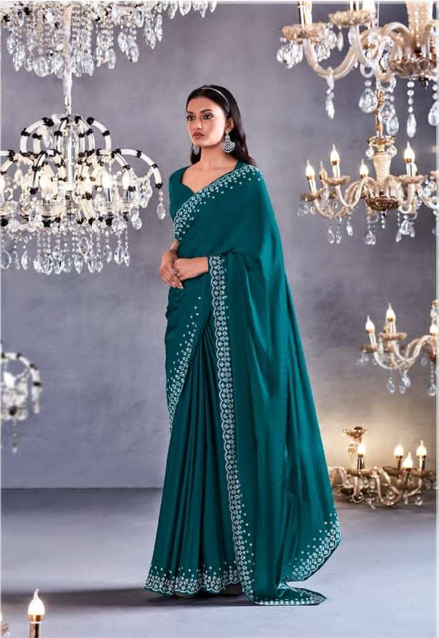 LATEST DESIGNER FANCY WEDDING PARTY WEAR HEAVY RAMA GREEN SATIN SILK SAREE WITH SWAROZKI WORK SM KIM ZARKAN 2119