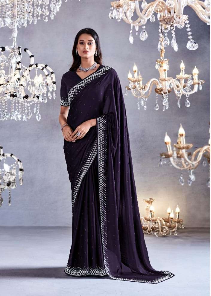 LATEST DESIGNER FANCY WEDDING PARTY WEAR HEAVY SATIN PURPLE SILK SAREE WITH SWAROZKI WORK SM KIM ZARKAN 2112