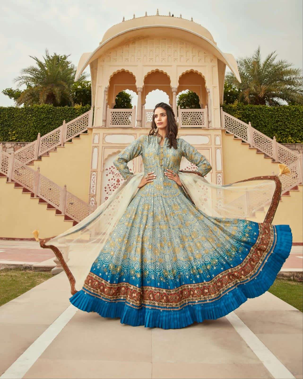 DESIGNER FANCY EXCLUSIVE DESIGNER DOLA JEQUARD SILK LONG SKY BLUE ANARKALI GOWN COLLECTION DST VIRASAT 12006