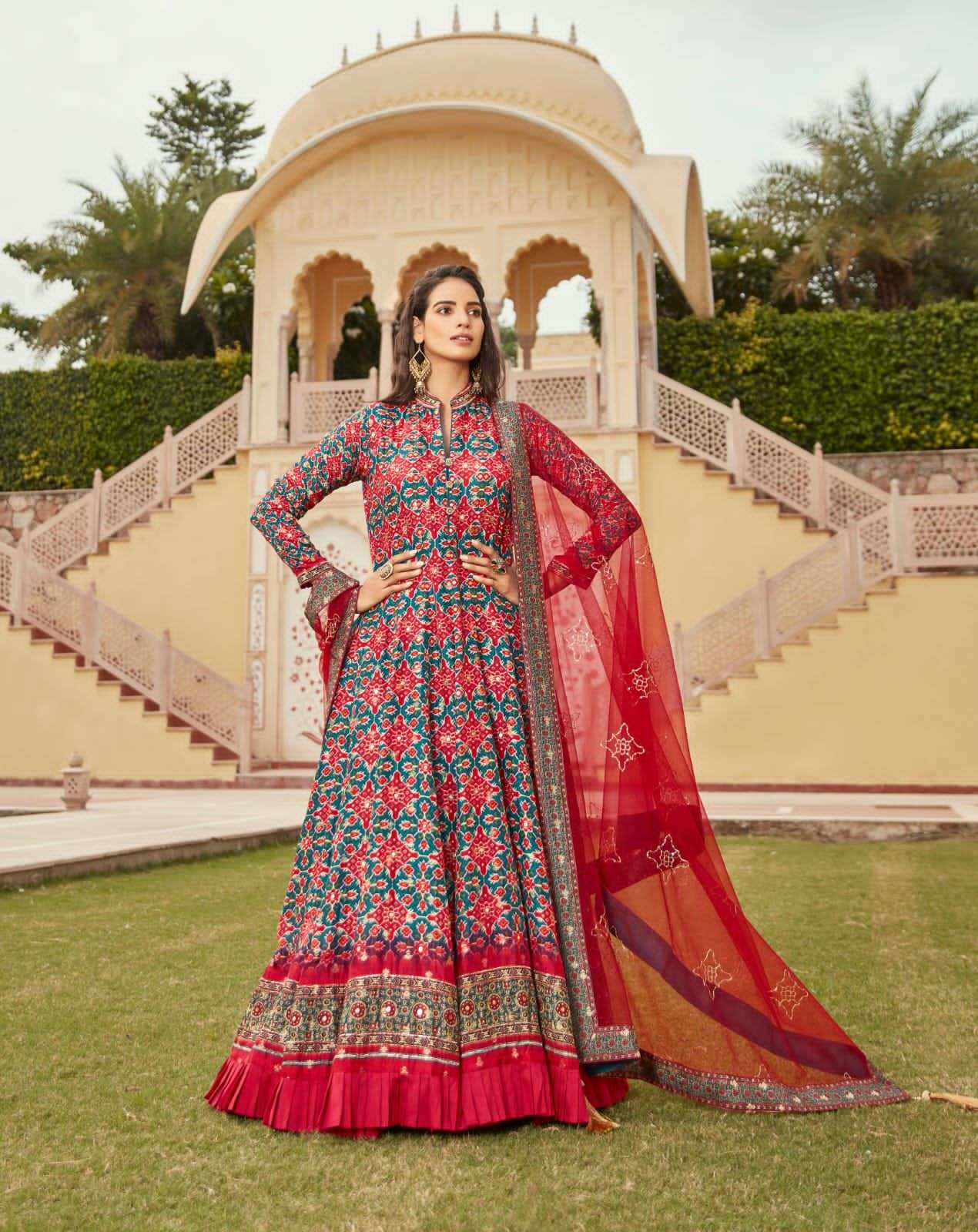 DESIGNER FANCY EXCLUSIVE DESIGNER DOLA JEQUARD SILK LONG RED ANARKALI GOWN COLLECTION DST VIRASAT 12008