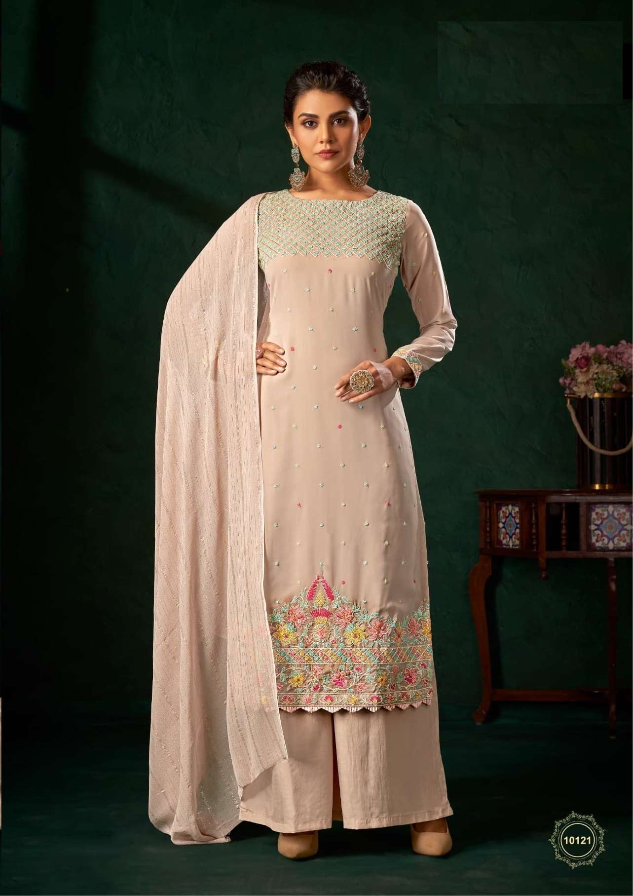 DESIGNER FANCY INDIAN PARTY WEAR BEIGE GEORGETTE PALZZO SHARARA SALWAR SUIT DST HT 10121