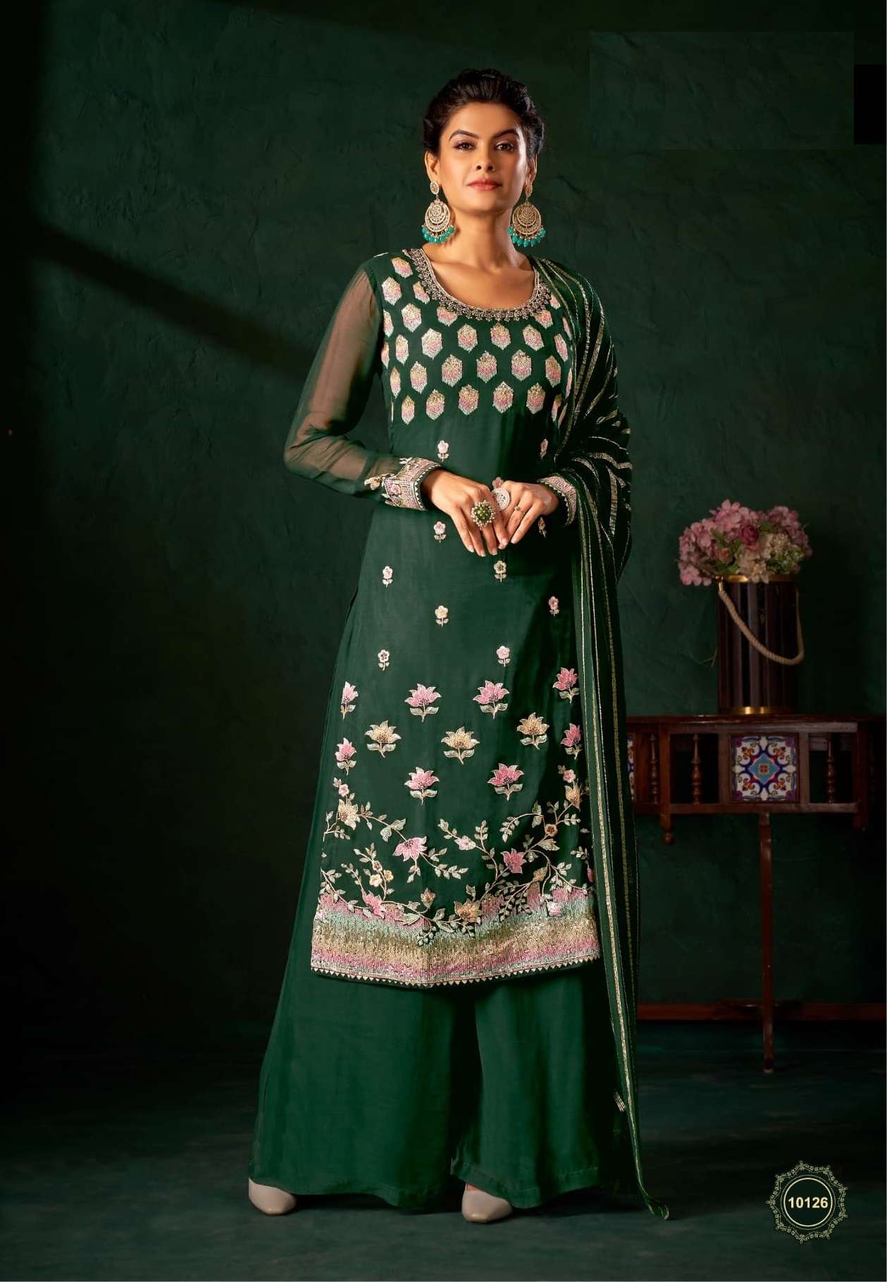 DESIGNER FANCY INDIAN PARTY WEAR GREEN GEORGETTE PALZZO SHARARA SALWAR SUIT DST HT 10126