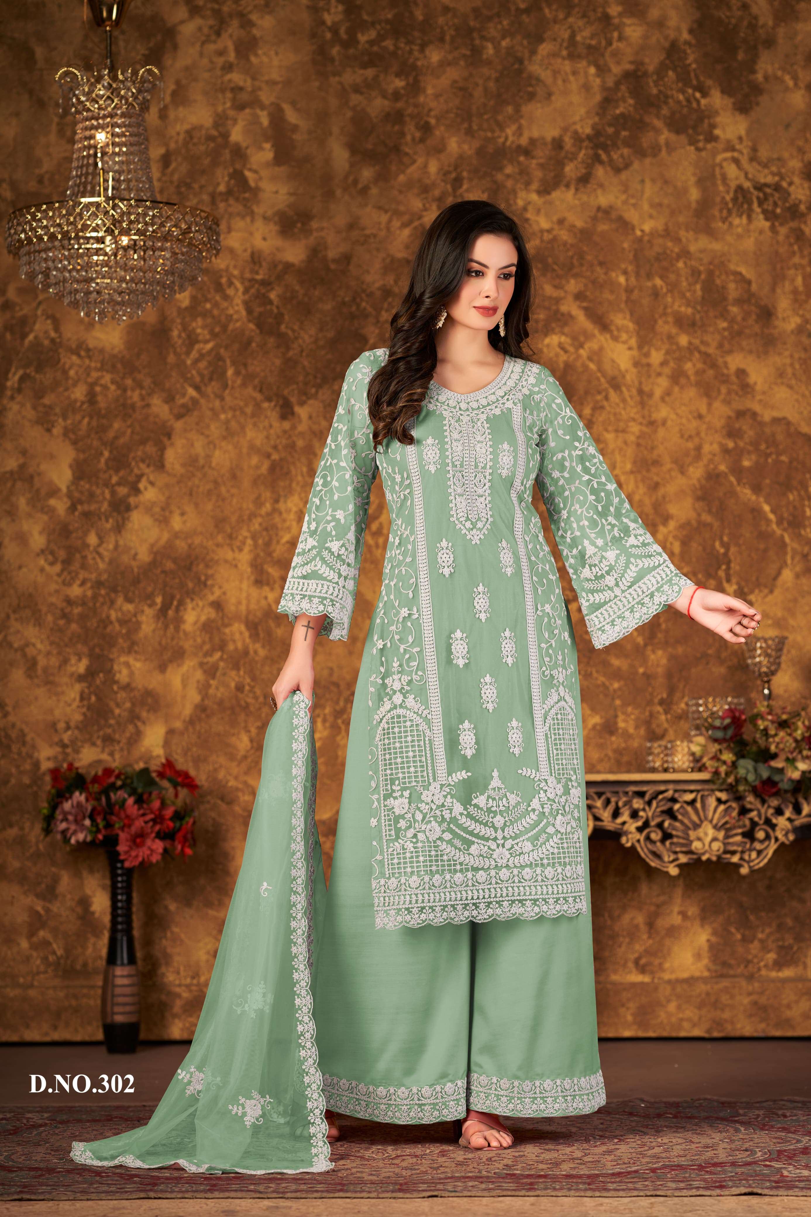 DESIGNER FANCY INDIAN PARTY WEAR PAKISTANI GREEN SHARARA PALAZZO SALWAR SUIT IN NET FABRIC ANY VAANI 302