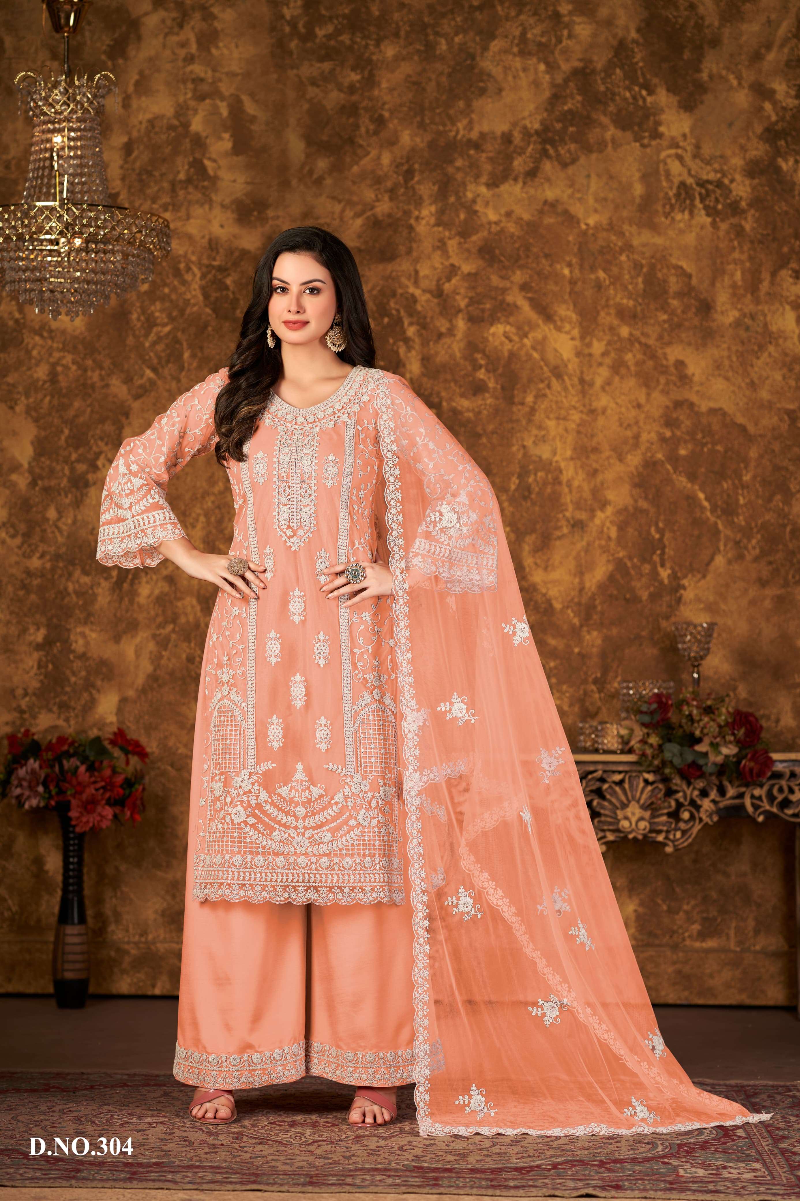 DESIGNER FANCY INDIAN PARTY WEAR PAKISTANI ORANGE SHARARA PALAZZO SALWAR SUIT IN NET FABRIC ANY VAANI 304