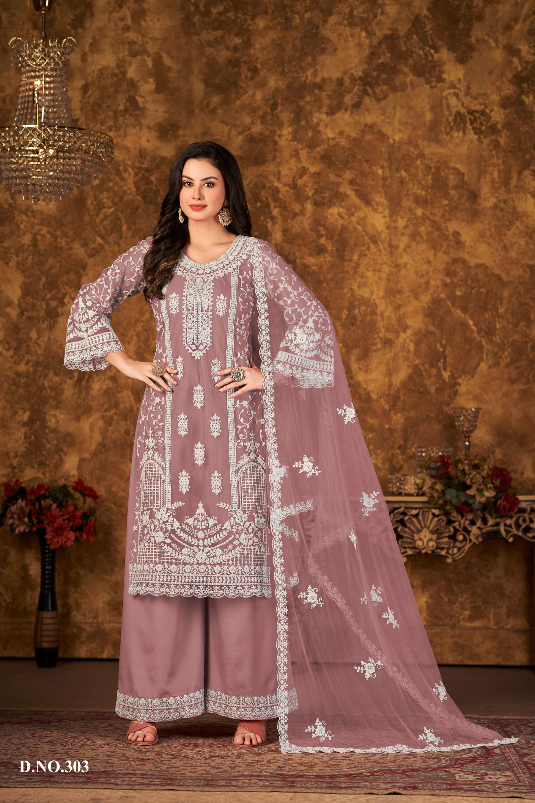 DESIGNER FANCY INDIAN PARTY WEAR PAKISTANI PEACE SHARARA PALAZZO SALWAR SUIT IN NET FABRIC ANY VAANI 303