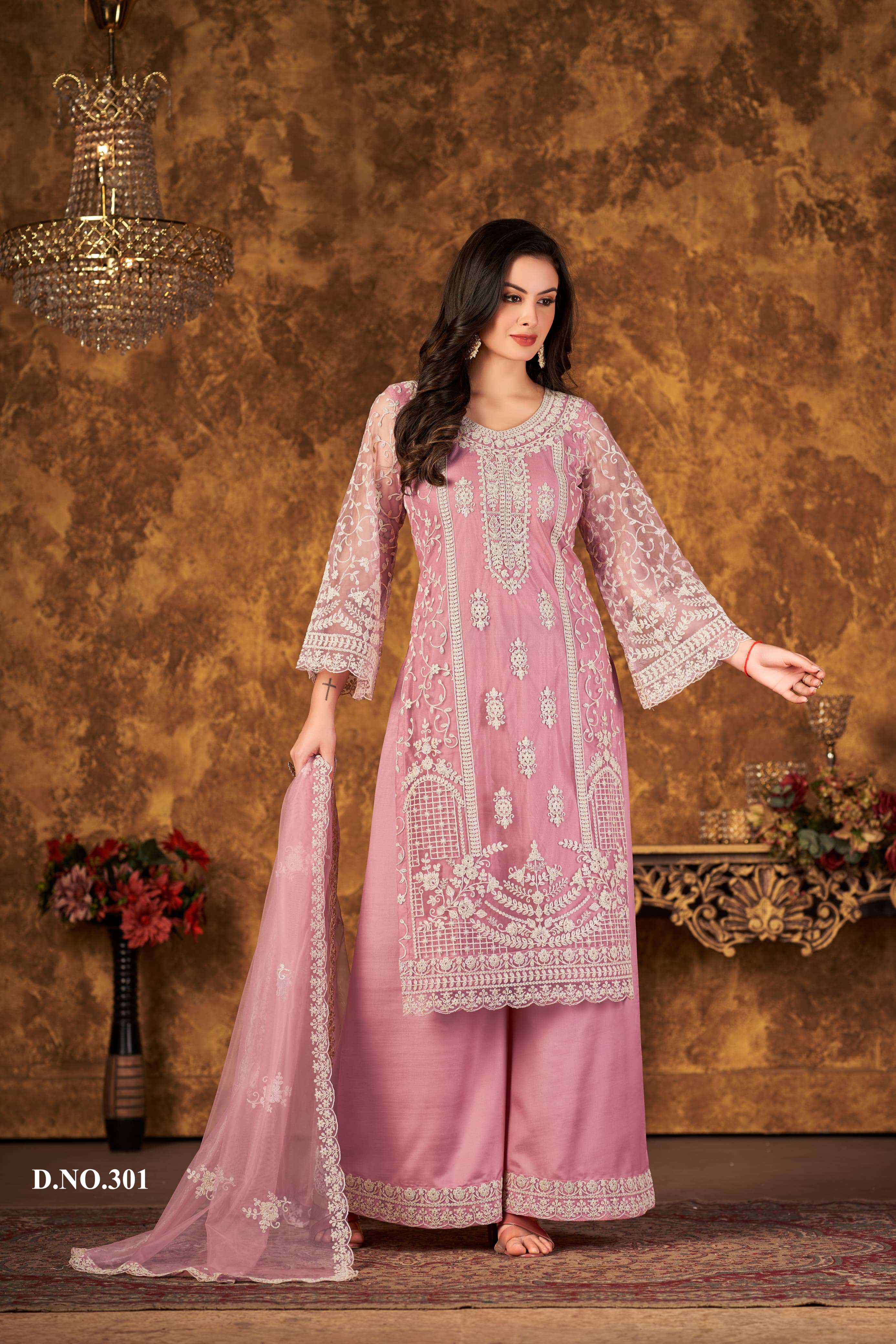 DESIGNER FANCY INDIAN PARTY WEAR PAKISTANI PINK SHARARA PALAZZO SALWAR SUIT IN NET FABRIC ANY VAANI 301