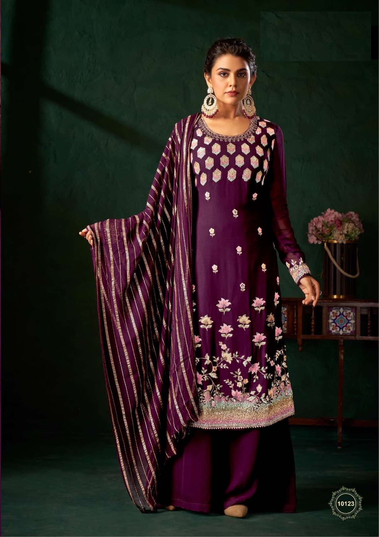 DESIGNER FANCY INDIAN PARTY WEAR WINE GEORGETTE PALZZO SHARARA SALWAR SUIT DST HT 10123