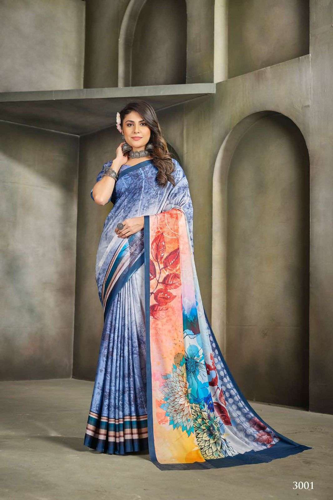 DESIGNER FANCY PARTY WEAR MULTICOLOR SILK INDIAN PRINTED SAREE COLLECTION SE RAINA SM 3001