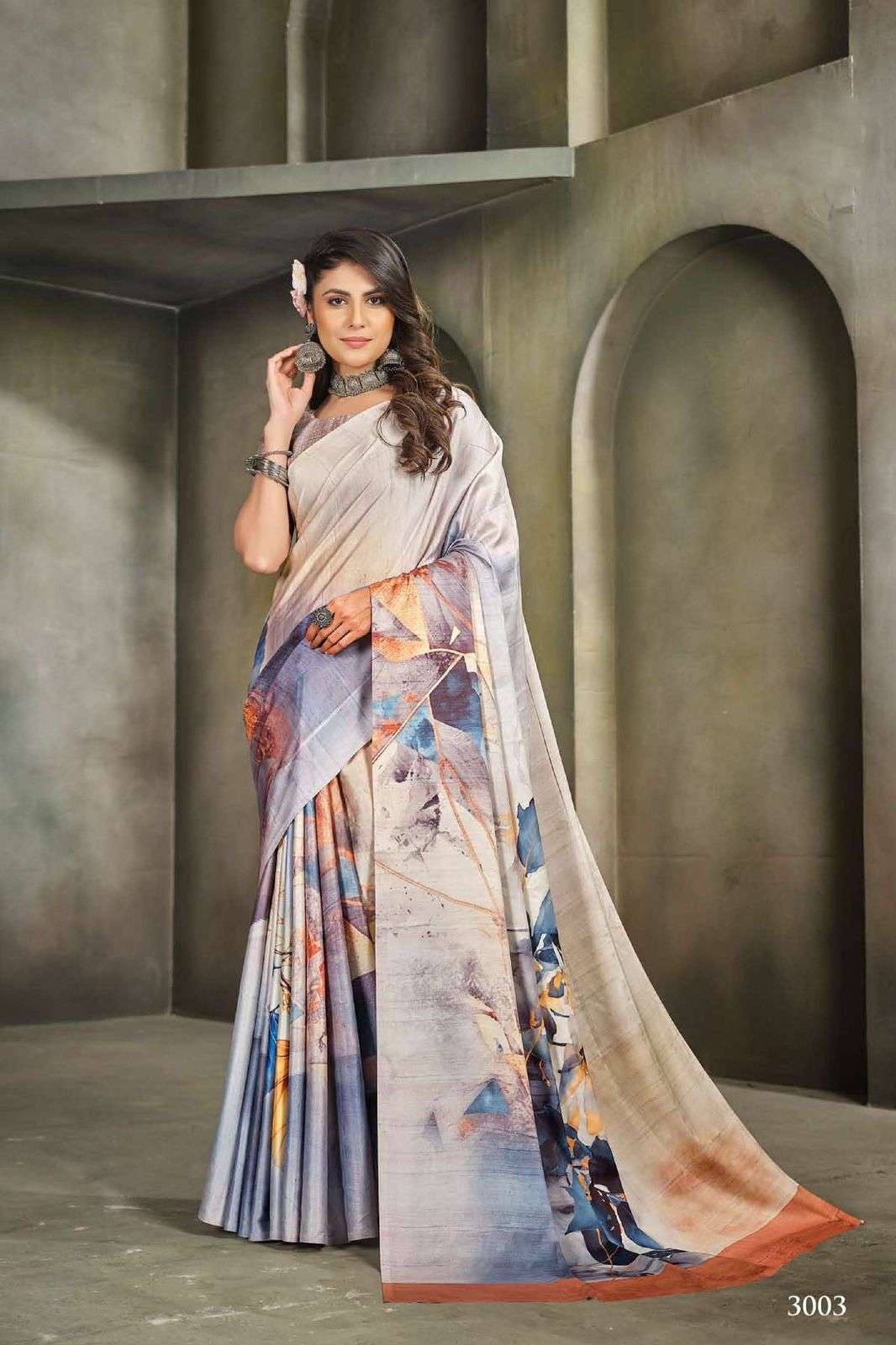 DESIGNER FANCY PARTY WEAR MULTICOLOR SILK INDIAN PRINTED SAREE COLLECTION SE RAINA SM 3003