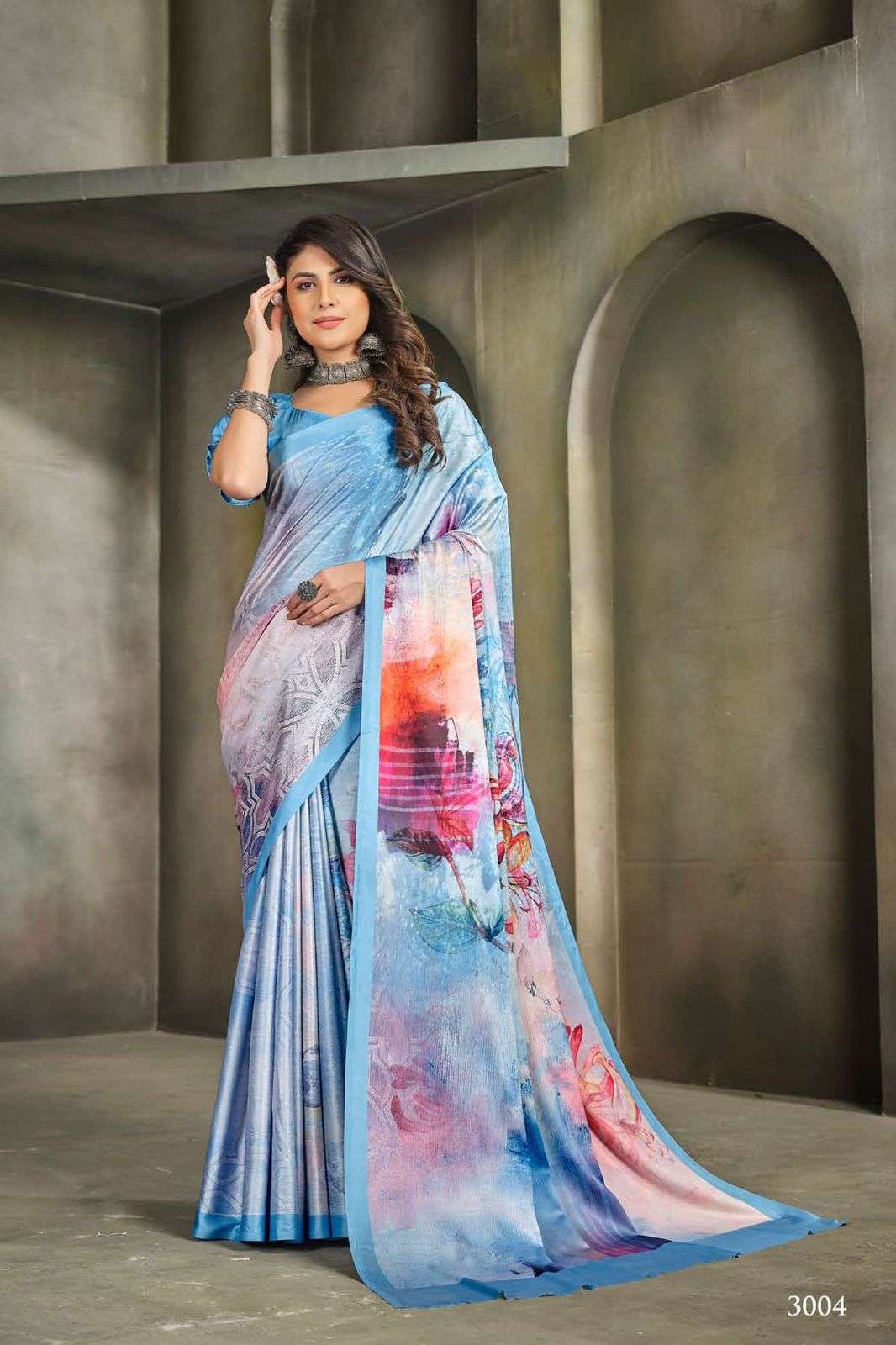 DESIGNER FANCY PARTY WEAR MULTICOLOR SILK INDIAN PRINTED SAREE COLLECTION SE RAINA SM 3004