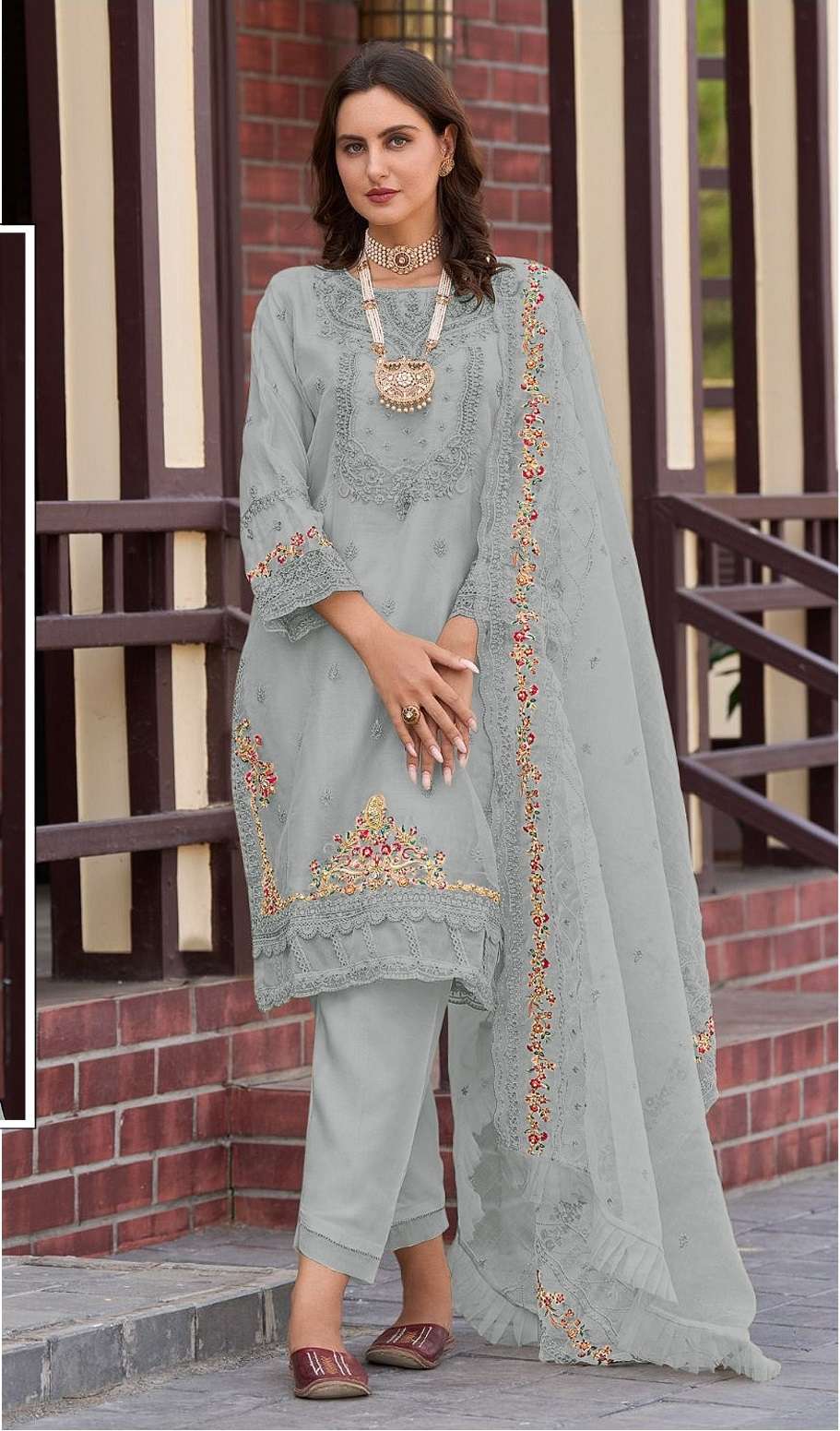 DESIGNER FANCY WEDDING PARTY WEAR GREY ORGANZA STRAIGHT INDIAN PAKISTANI SALWAR SUIT SRH 1049 C