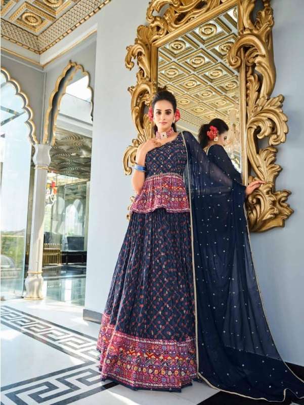 DESIGNER FANCY WEDDING PARTY WEAR INDIAN MASHLIN BLUE SILK LEHENGA CHOLI DST VIRASAT ANANYA 3004