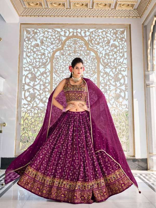 DESIGNER FANCY WEDDING PARTY WEAR INDIAN MASHLIN WINE MAROON SILK LEHENGA CHOLI DST VIRASAT ANANYA 3003