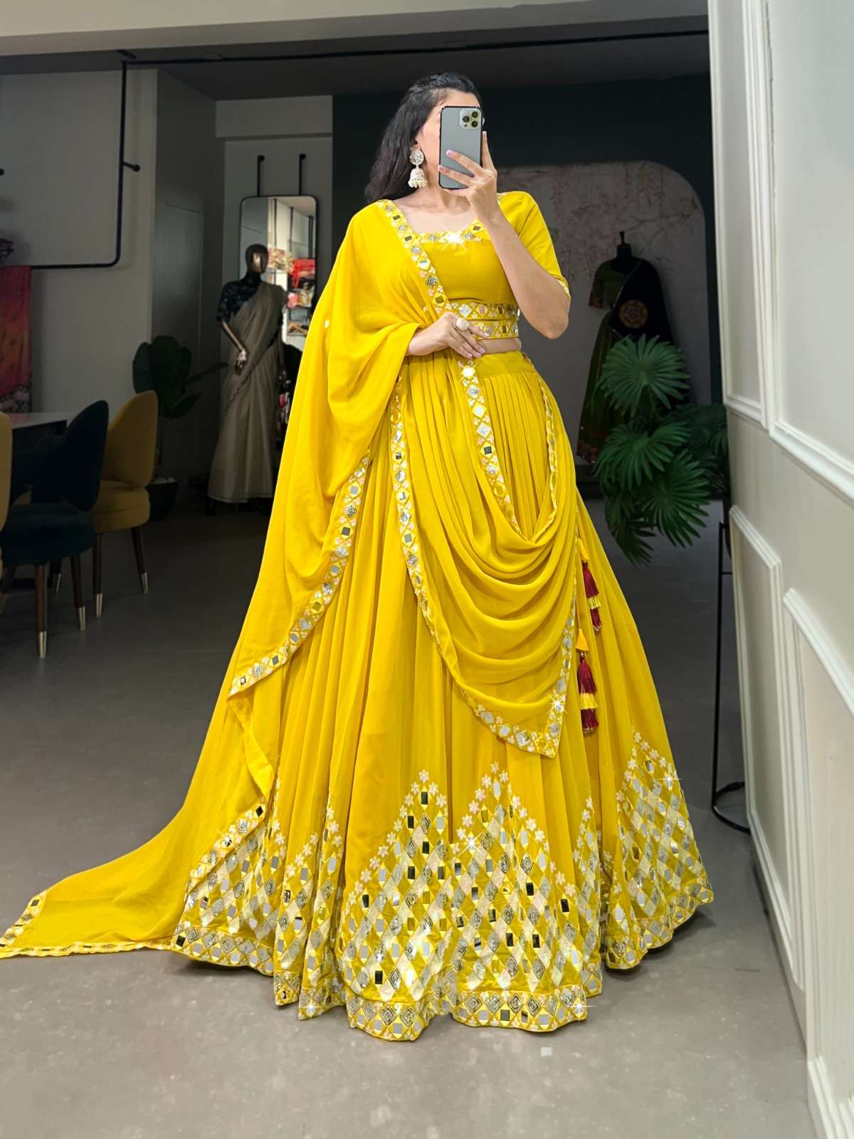 DESIGNER FANCY WEDDING PARTY WEAR INDIAN YELLOW GEORGETTE LEHENGA CHOLI COLLECTION PC 1733C