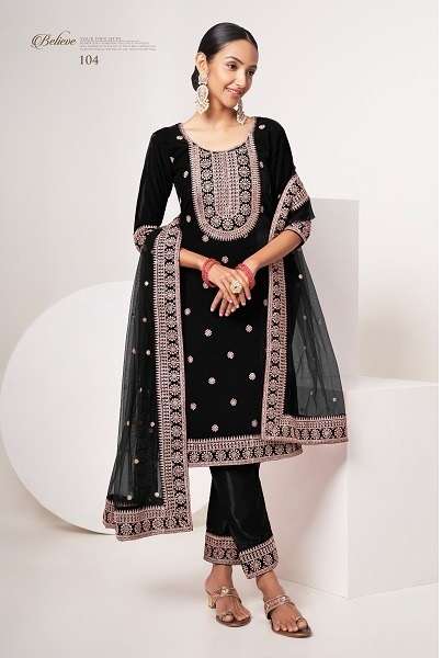 DESIGNER FANCY WEDDING PARTY WEAR PREMIUM BLACK VELVET SALWAR SUIT DRESS WINTER SPECIAL PC SABHYATA 104