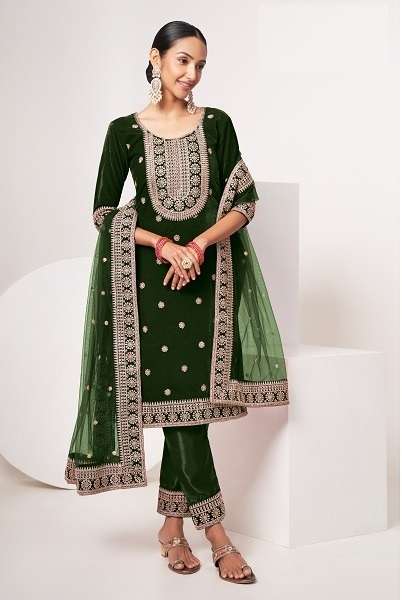 DESIGNER FANCY WEDDING PARTY WEAR PREMIUM GREEN VELVET SALWAR SUIT DRESS WINTER SPECIAL PC SABHYATA 103