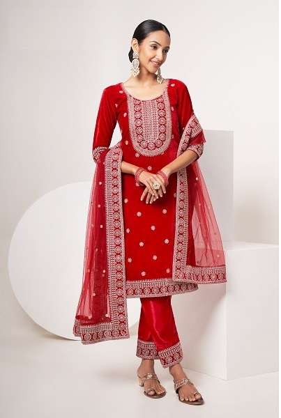 DESIGNER FANCY WEDDING PARTY WEAR PREMIUM RED VELVET SALWAR SUIT DRESS WINTER SPECIAL PC SABHYATA 102