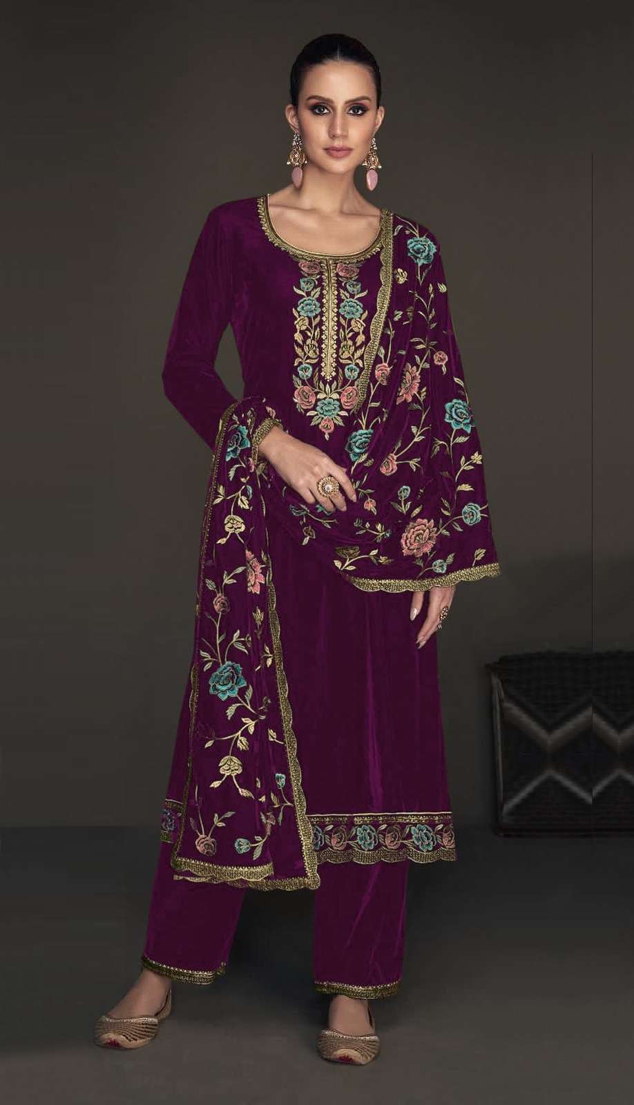 DESIGNER FANCY WEDDING PARTY WEAR PREMIUM VISCOSE VELVET WINE STRAIGHT SALWAR SUIT CPR 2010B