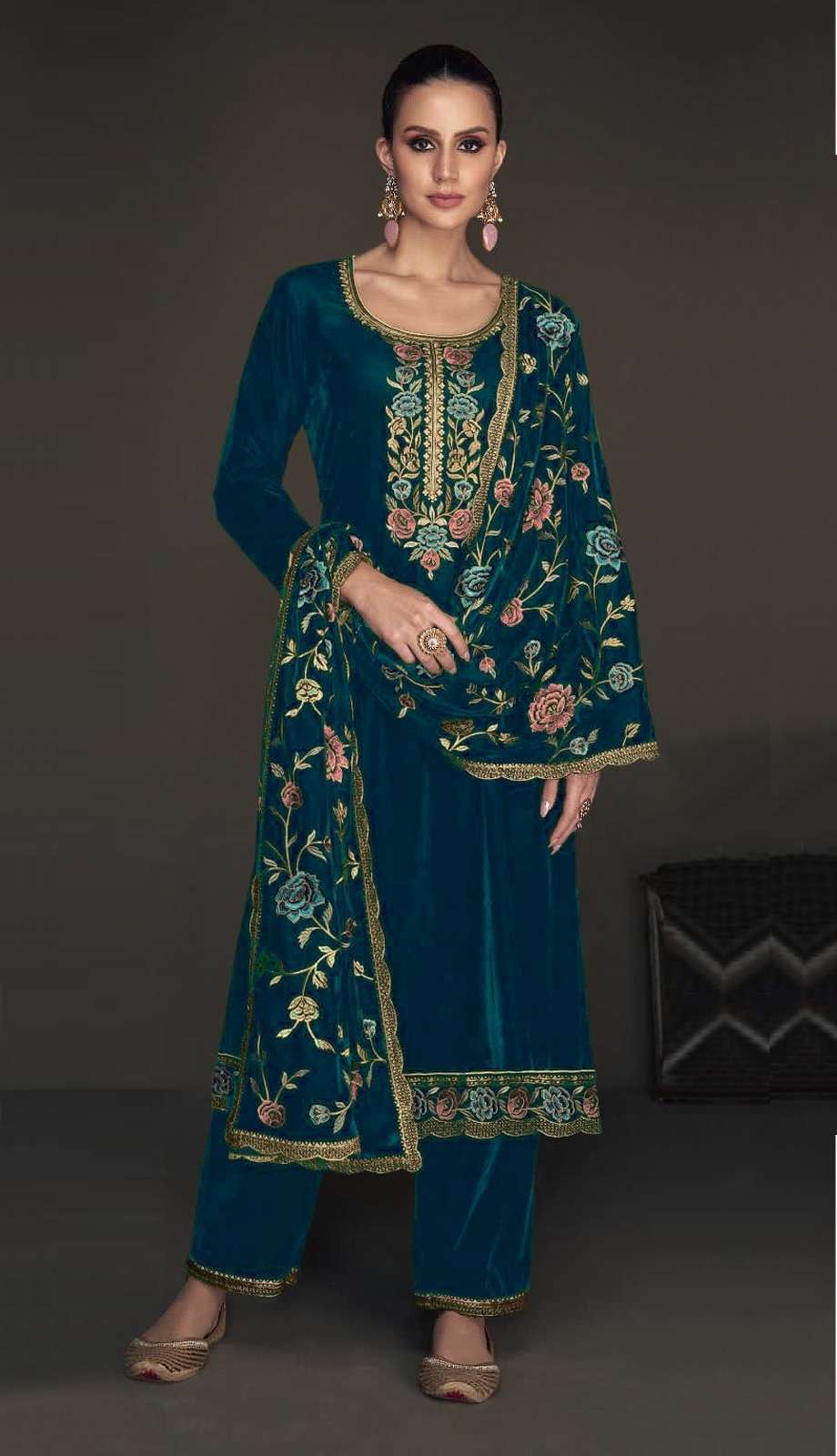 DESIGNER FANCY WEDDING PARTY WEAR PREMIUM VISCOSE VELVET RAMA BLUE STRAIGHT SALWAR SUIT CPR 2010C