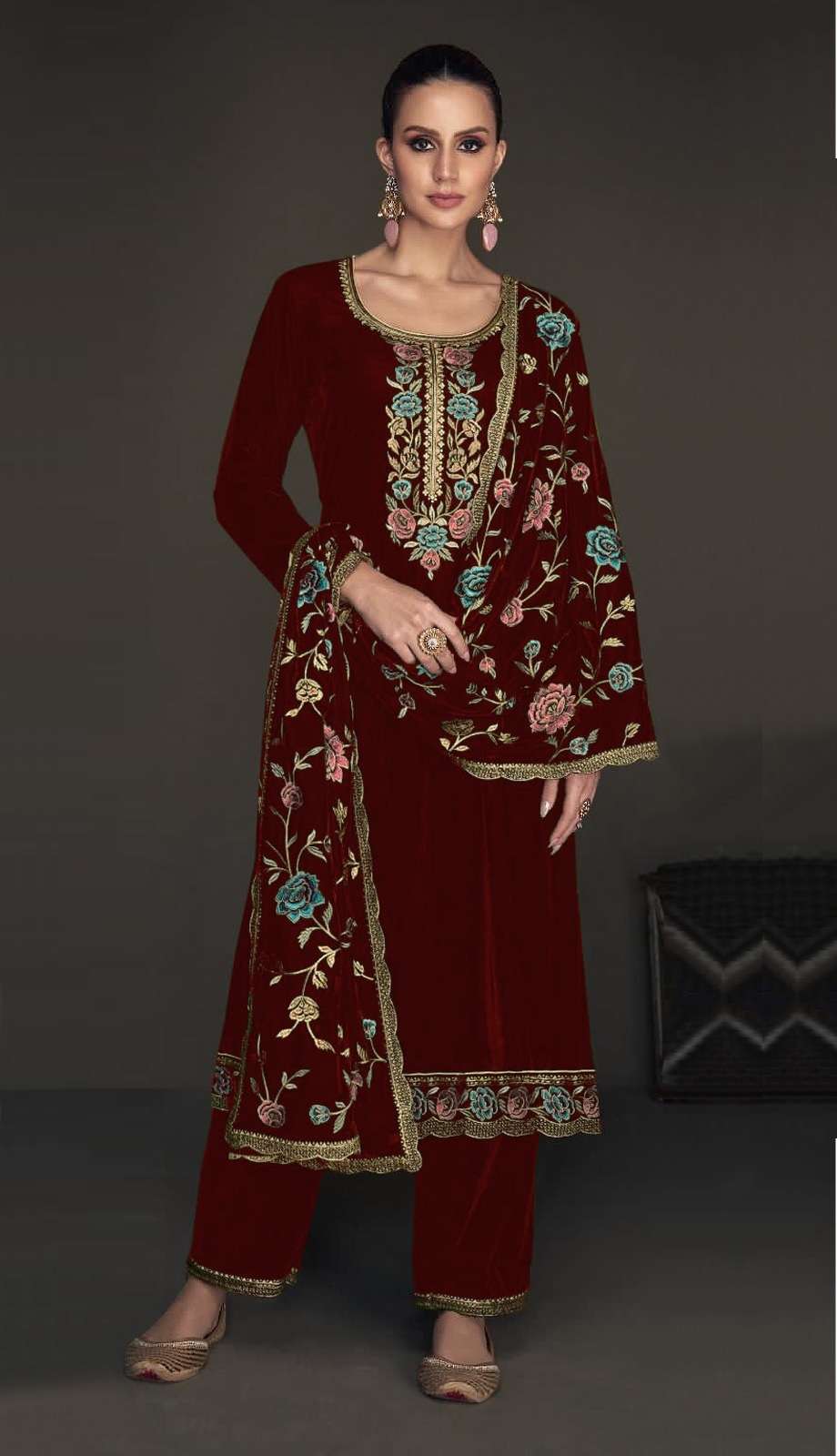 DESIGNER FANCY WEDDING PARTY WEAR PREMIUM VISCOSE VELVET MAROON STRAIGHT SALWAR SUIT CPR 2010D