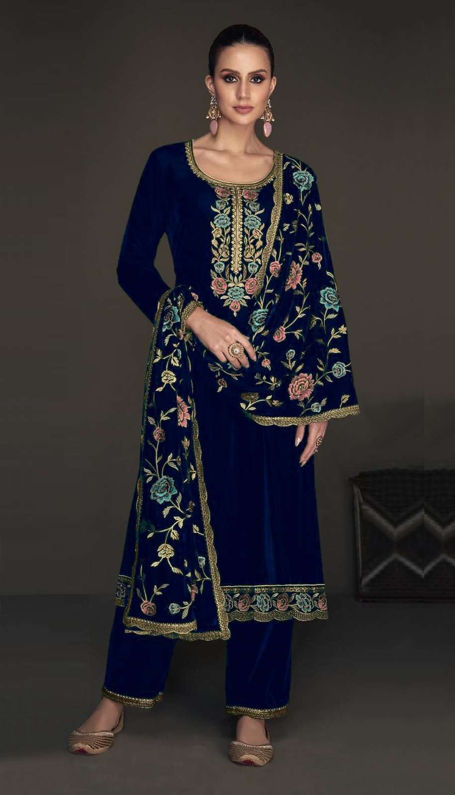 DESIGNER FANCY WEDDING PARTY WEAR PREMIUM VISCOSE VELVET BLUE STRAIGHT SALWAR SUIT CPR 2010F