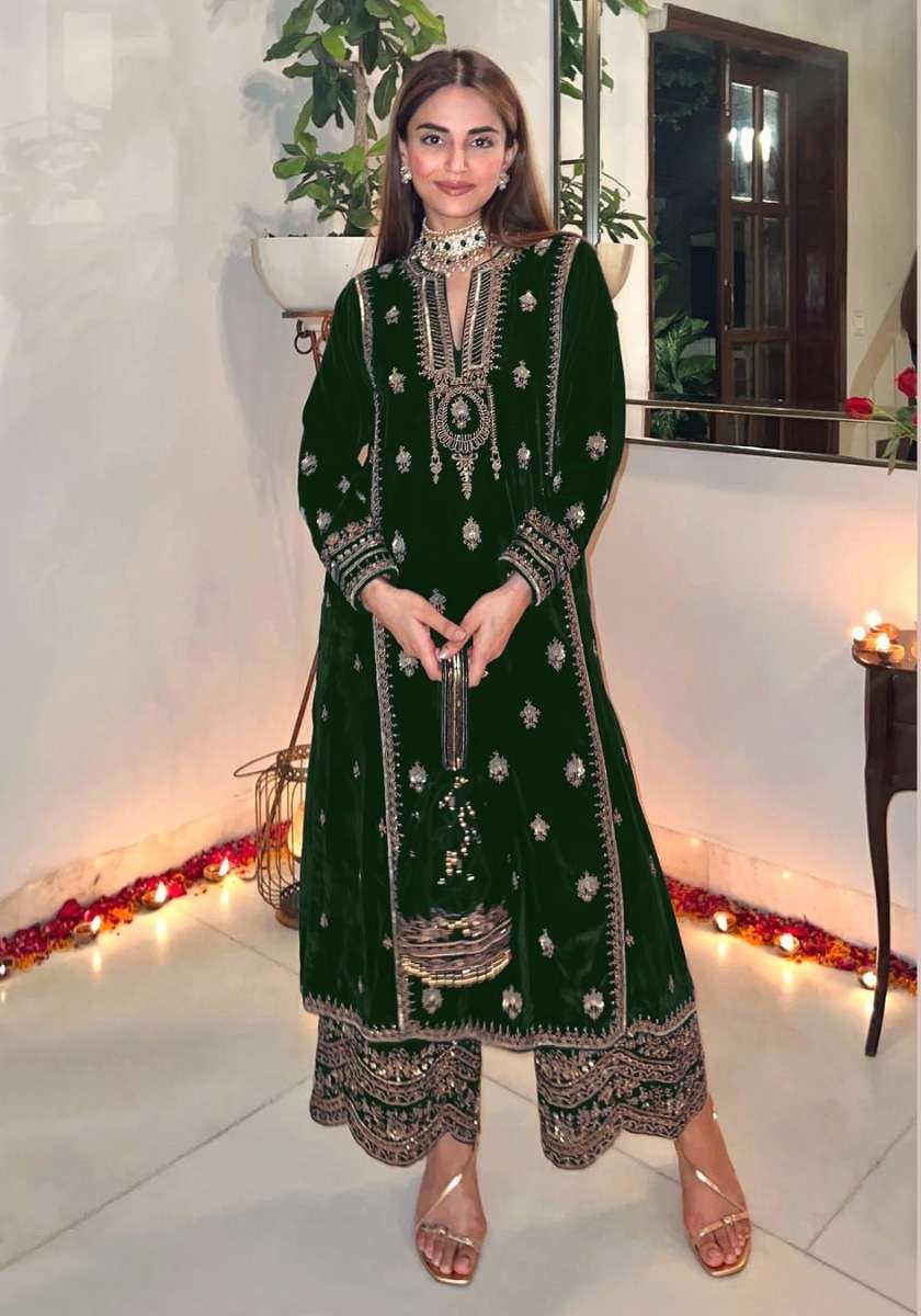 DESIGNER FANCY WEDDING PARTY WEAR PREMIUM VISCOSE VELVET GREEN SALWAR SUIT CPR 2003