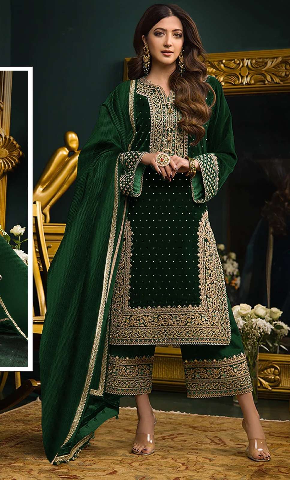 DESIGNER FANCY WEDDING PARTY WEAR PREMIUM VISCOSE VELVET GREEN PALAZZO SALWAR SUIT CPR 2005 B